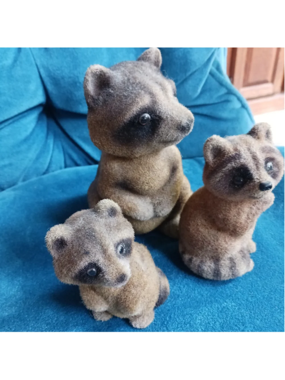 Vintage Flocked Raccoon Bank Figurine Trio Lot Of 3 Trashpanda Bandit Mama